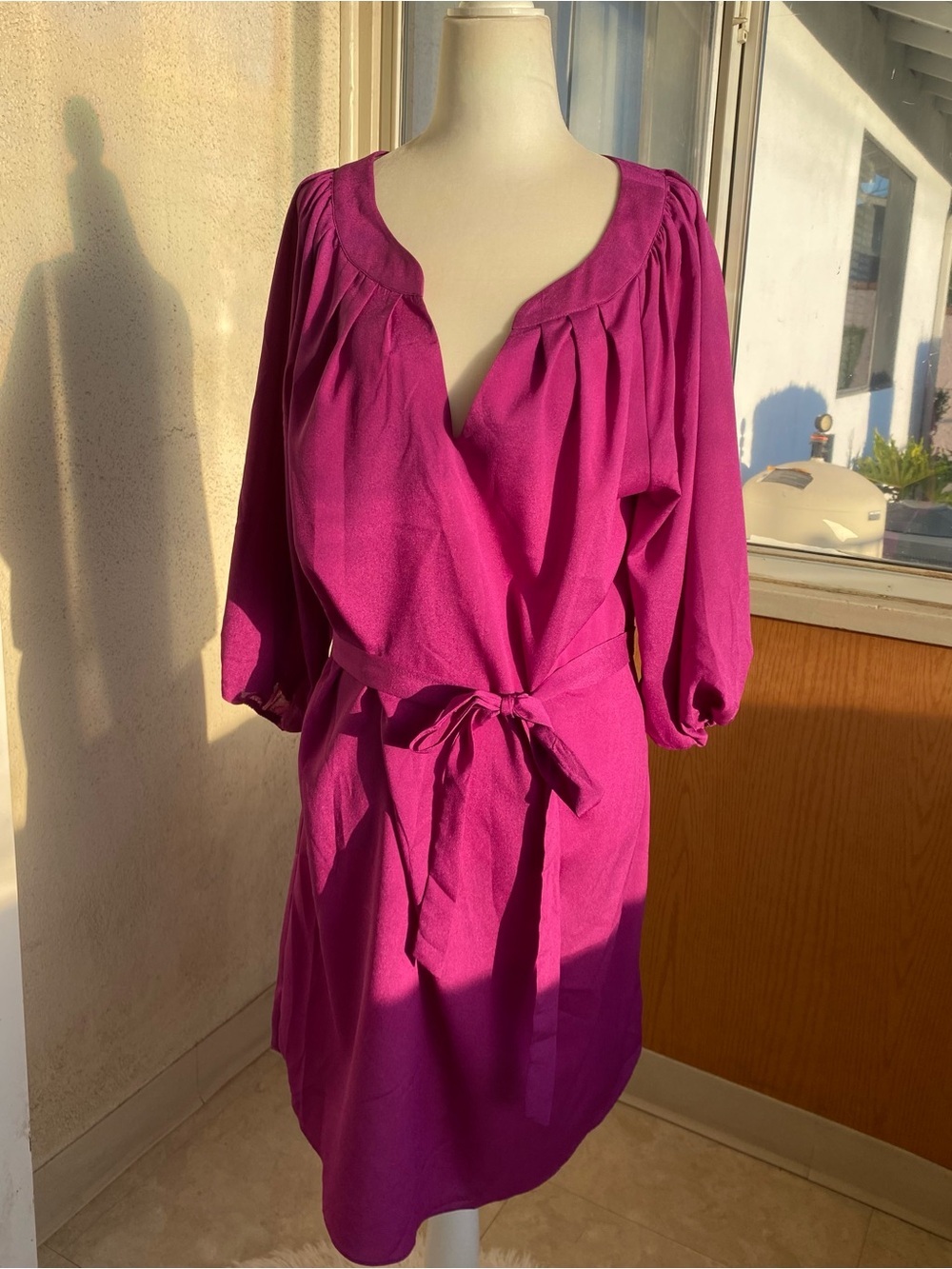 Boutique Fushia Tie Waist Shift Dress Medium 3/4 Balloon Sleeve